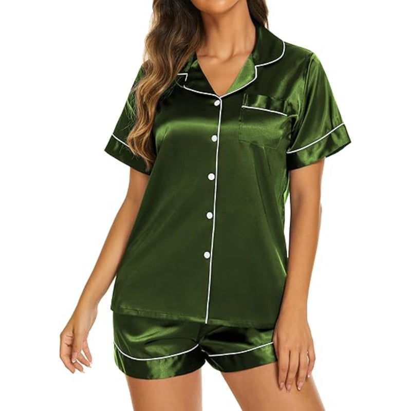 Sleeve Button Down Top and Shorts Set Green