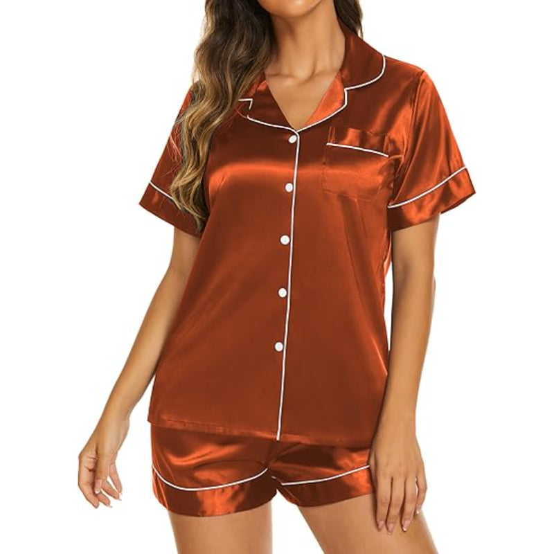 Sleeve Button Down Top and Shorts Set Orange