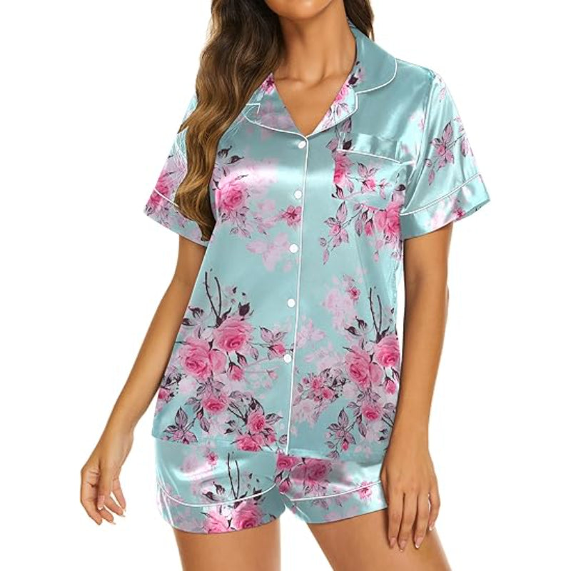 Sleeve Button Down Top and Shorts Set Light Blue