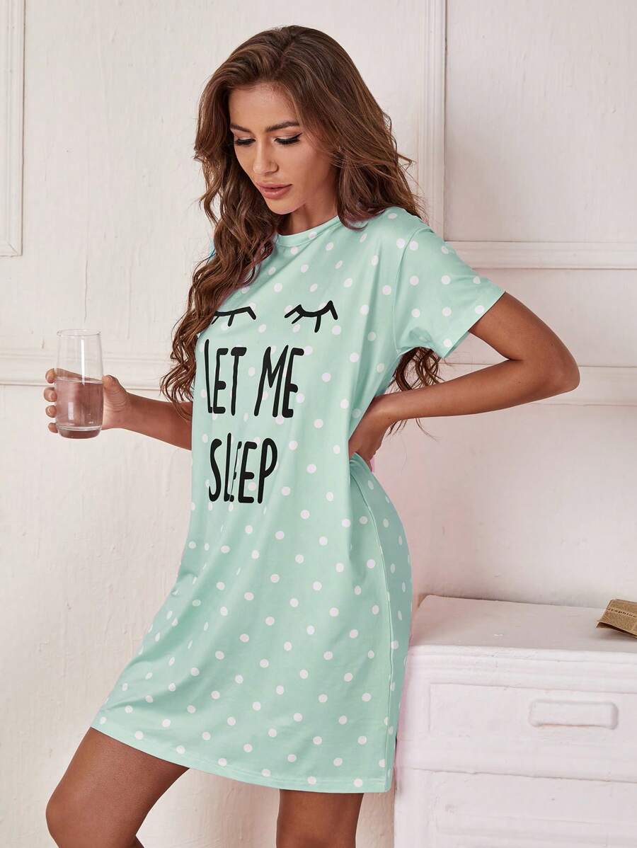 Slogan And Polka Dot Print Nightdress