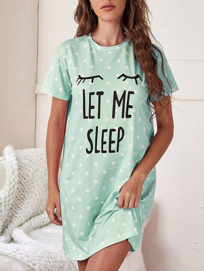 Slogan And Polka Dot Print Nightdress Green