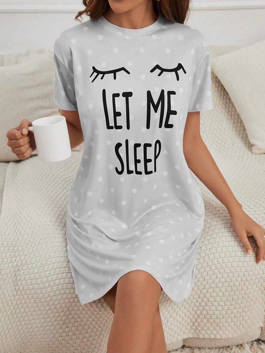 Slogan And Polka Dot Print Nightdress