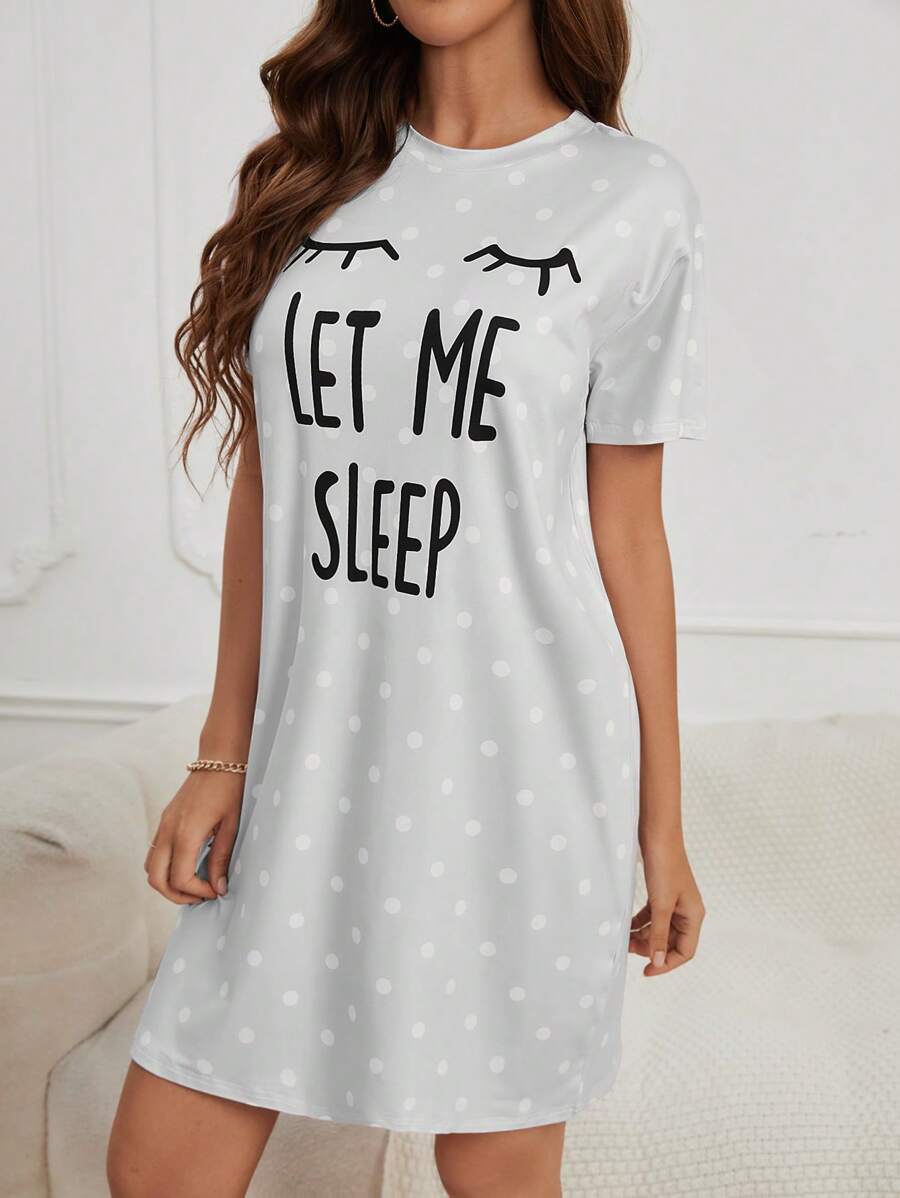 Slogan And Polka Dot Print Nightdress