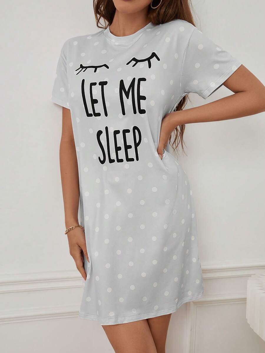 Slogan And Polka Dot Print Nightdress Gray