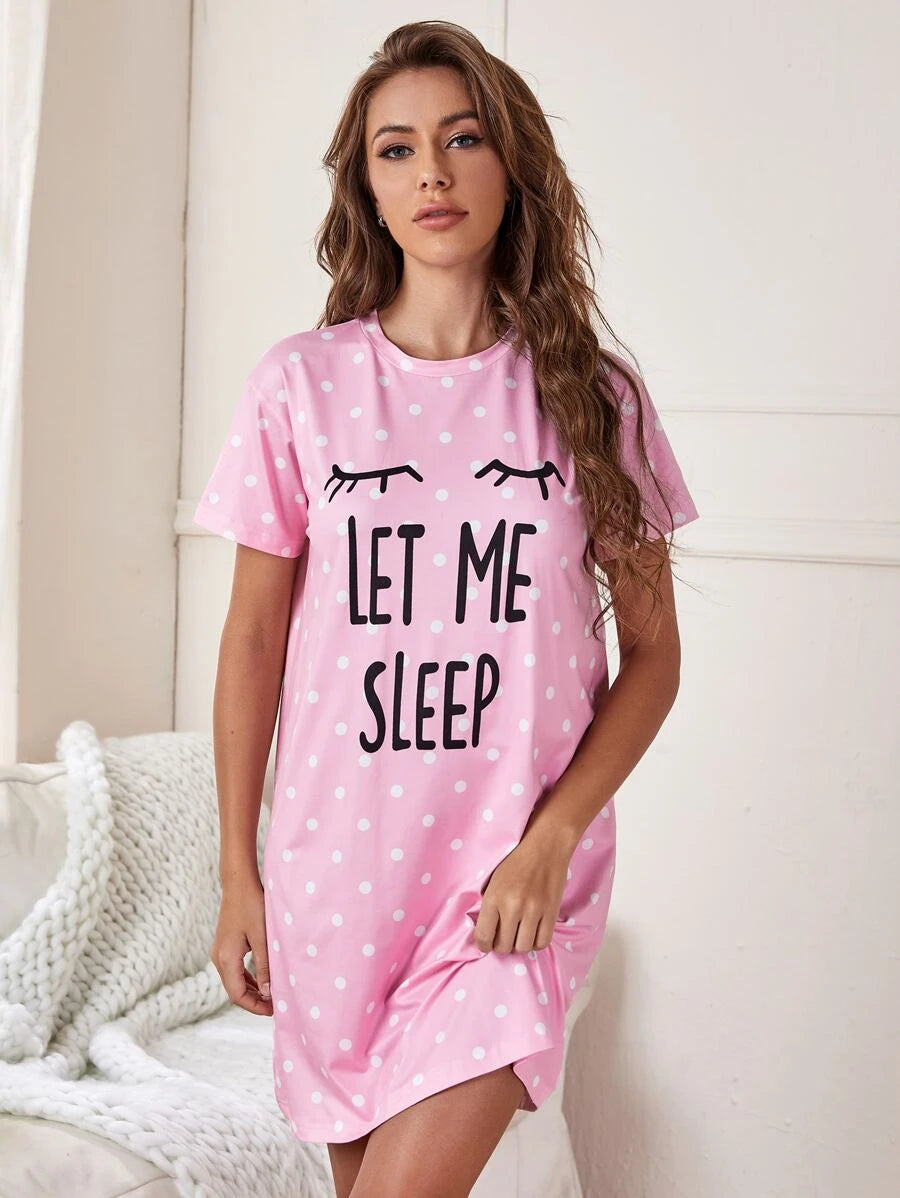 Slogan And Polka Dot Print Nightdress Pink