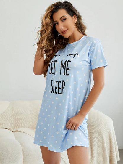 Slogan And Polka Dot Print Nightdress Light Blue