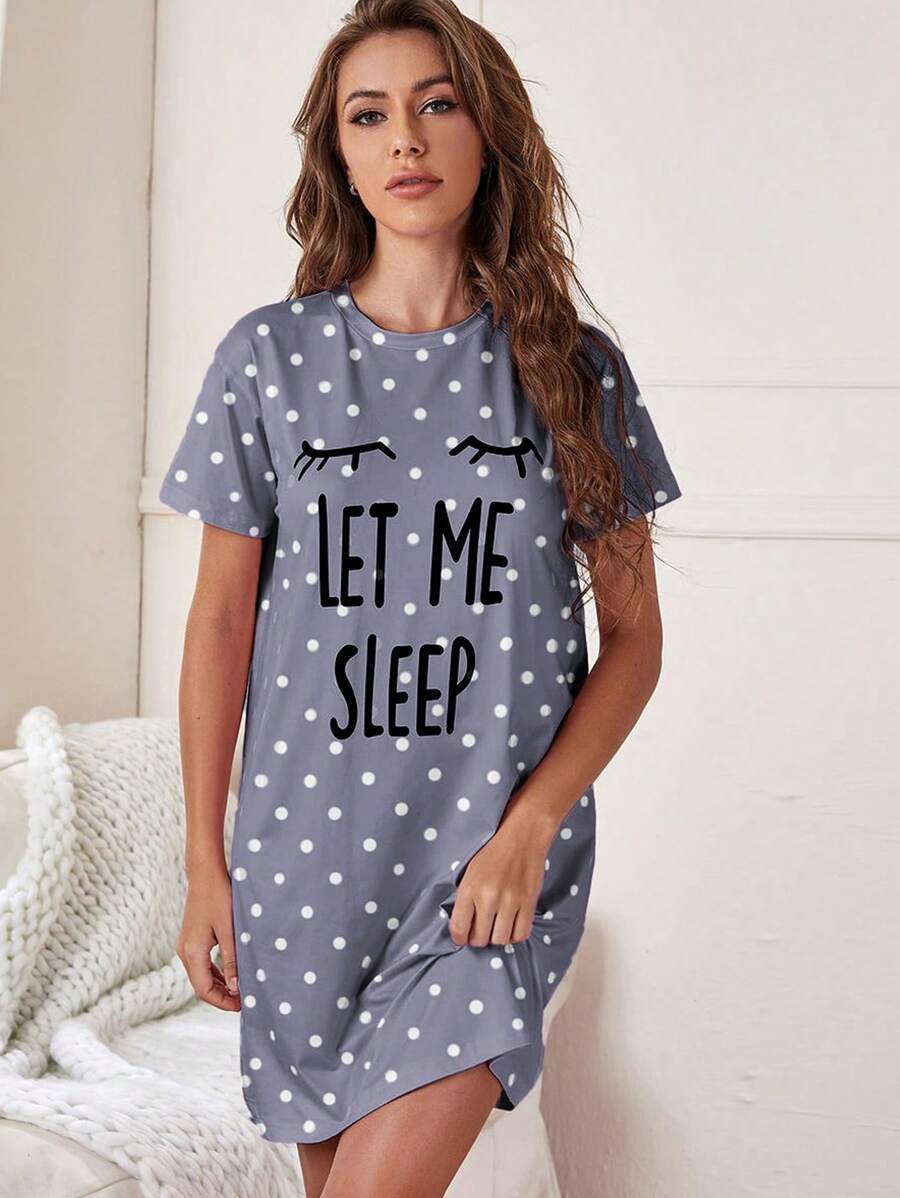 Slogan And Polka Dot Print Nightdress Dark Blue