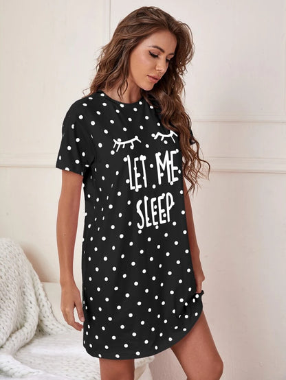 Slogan And Polka Dot Print Nightdress Black