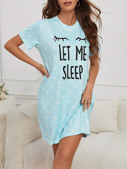 Slogan And Polka Dot Print Nightdress Blue