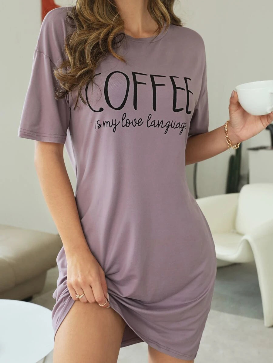 Slogan Graphic Drop Sleepshirt Nightdress Purple