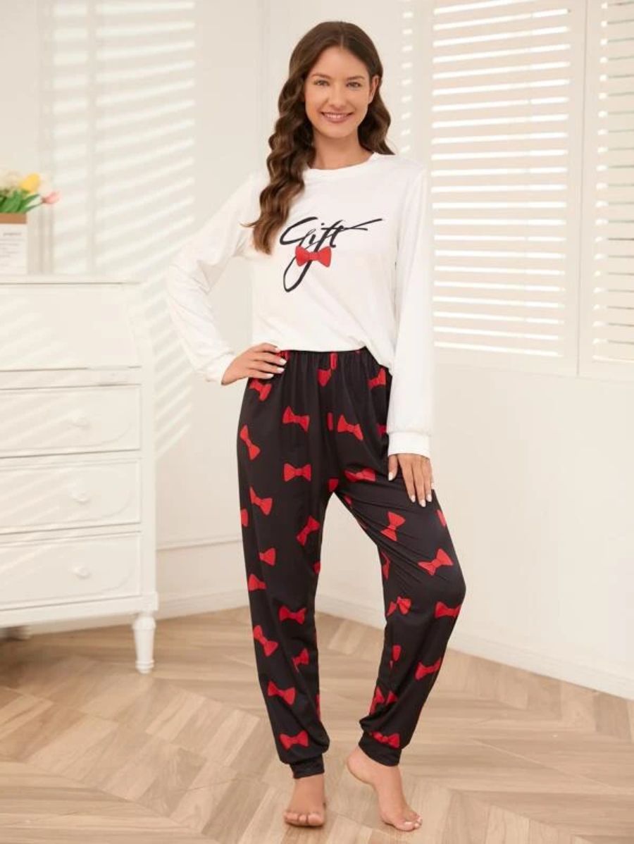 Slogan Graphic Top And Plaid Pants PJ Set