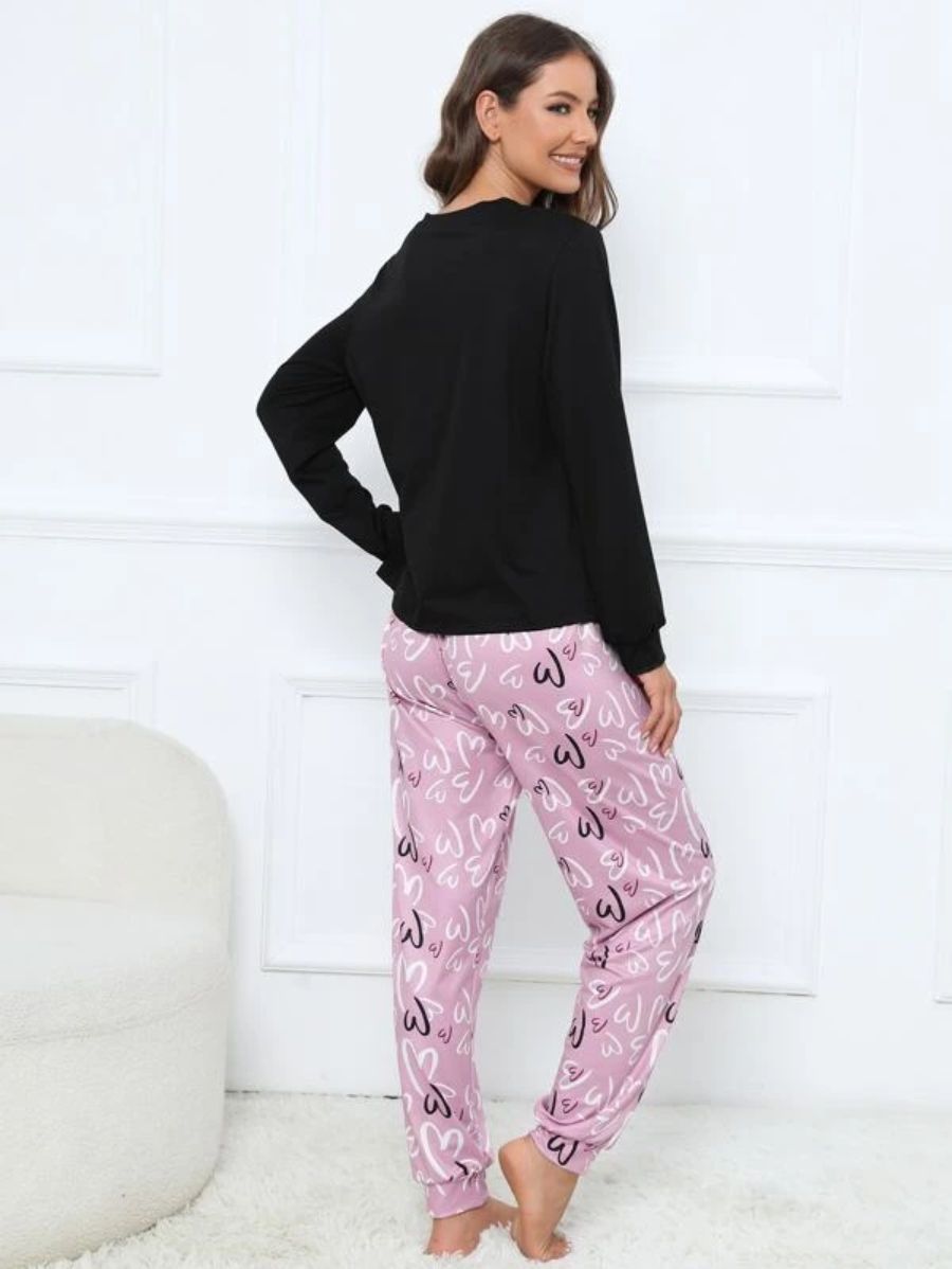 Slogan Graphic Top And Plaid Pants PJ Set