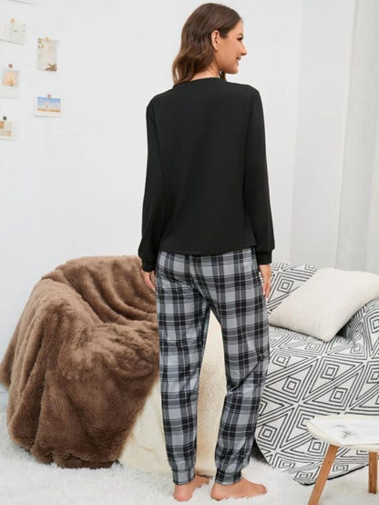 Slogan Graphic Top And Plaid Pants PJ Set