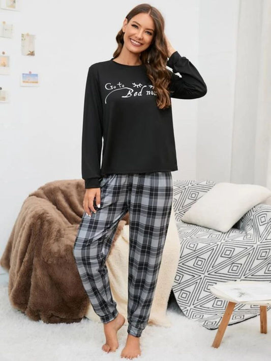 Slogan Graphic Top And Plaid Pants PJ Set