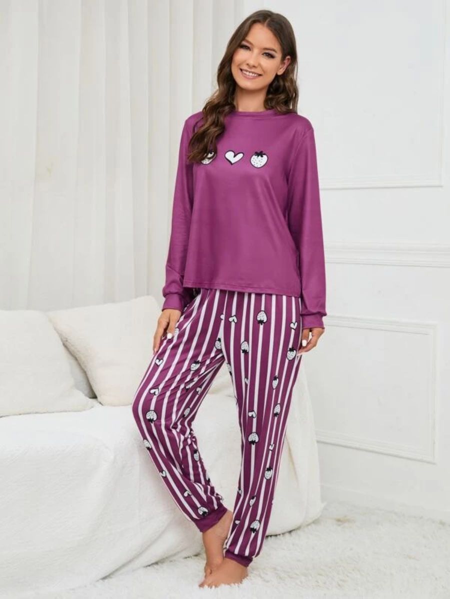 Slogan Graphic Top And Plaid Pants PJ Set