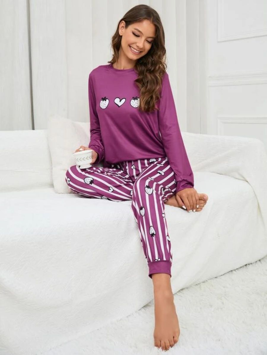 Slogan Graphic Top And Plaid Pants PJ Set