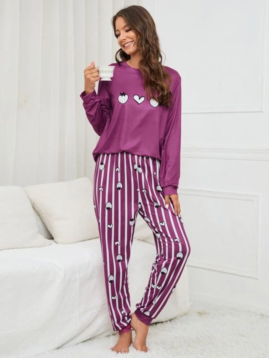 Slogan Graphic Top And Plaid Pants PJ Set