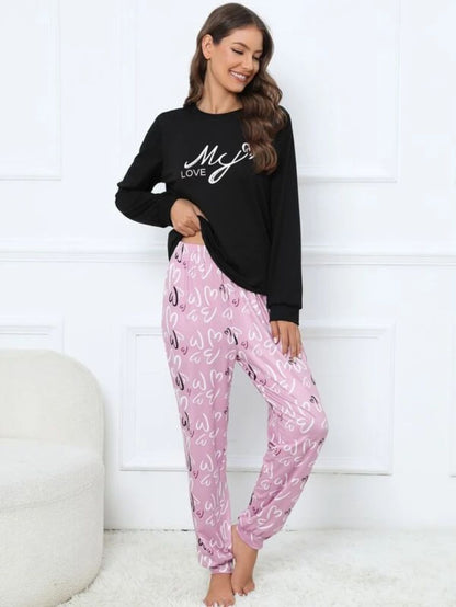 Slogan Graphic Top And Plaid Pants PJ Set