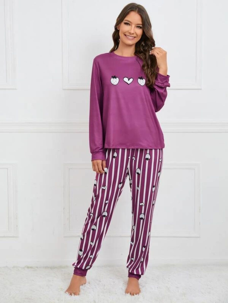 Slogan Graphic Top And Plaid Pants PJ Set Purple