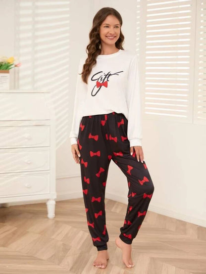 Slogan Graphic Top And Plaid Pants PJ Set Red