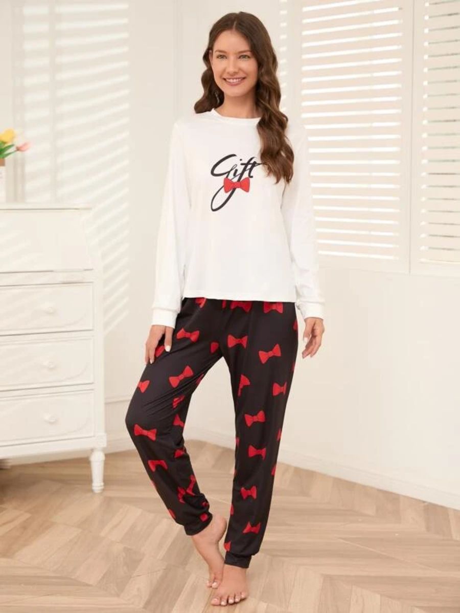 Slogan Graphic Top And Plaid Pants PJ Set