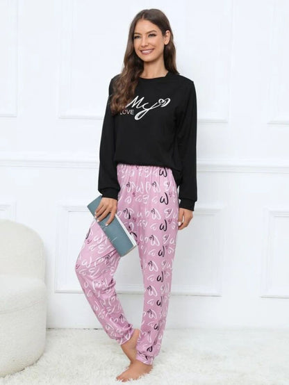 Slogan Graphic Top And Plaid Pants PJ Set Pink