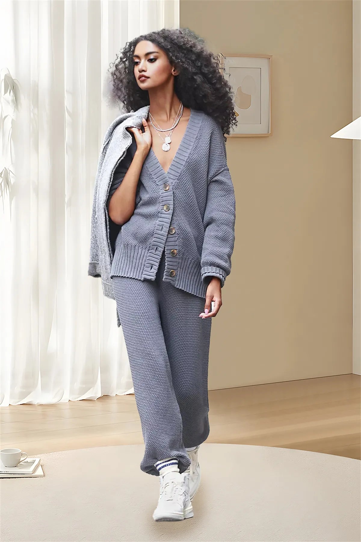 Soft And Comfy Ribbed Knit Cardi Set Gray