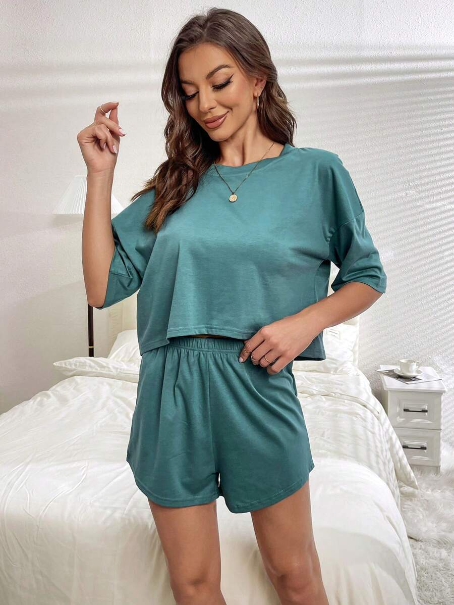 Solid Drop Tee And Shorts Lounge Set