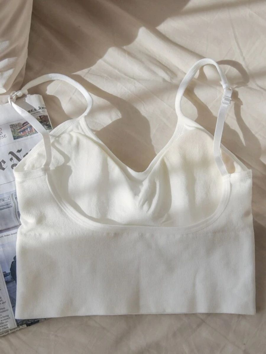 Solid Ribbed Knit Pattern Bralette White One Size