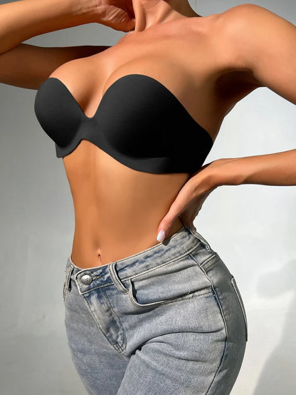 Solid Self Adhesive Strapless Bra Black