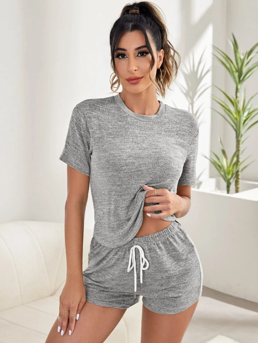 Solid Tee And Tie Front Shorts Lounge Set Light Gray