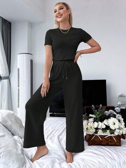 Solid Tee And Pants Lounge Set Black