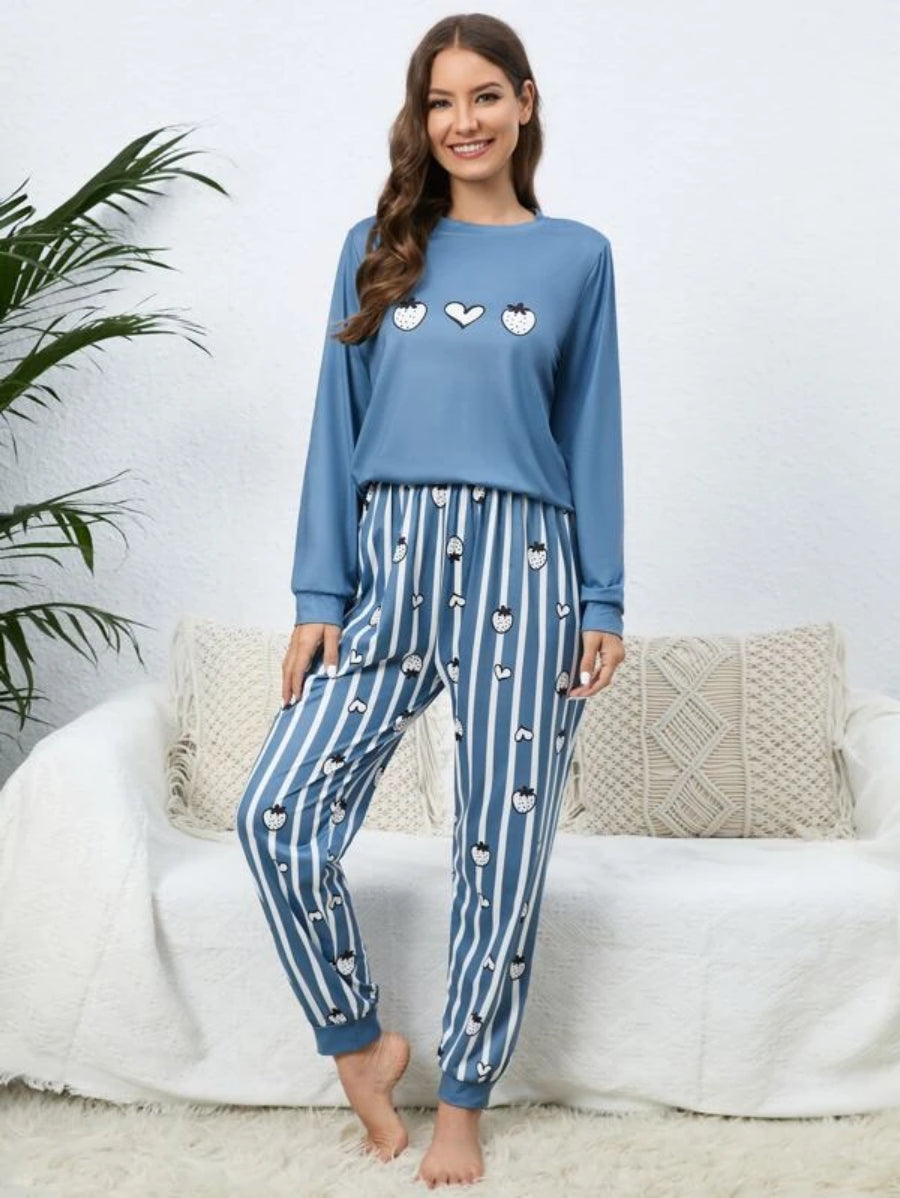 Strawberry Print Top Striped Pants Set