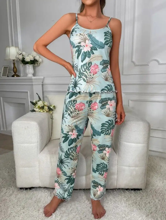 Tropical Print Cami Top And Pajama Set