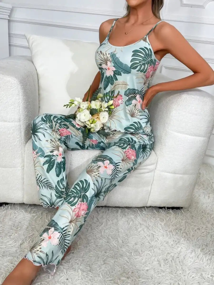 Tropical Print Cami Top And Pajama Set