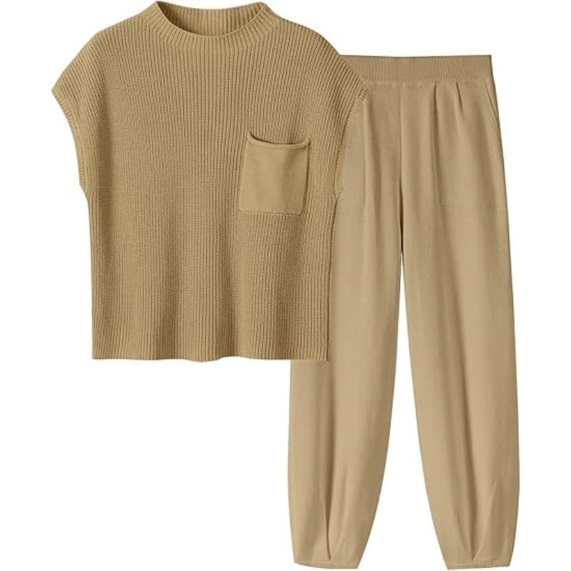 Two Piece Knit Sweater And Pants Set Khaki