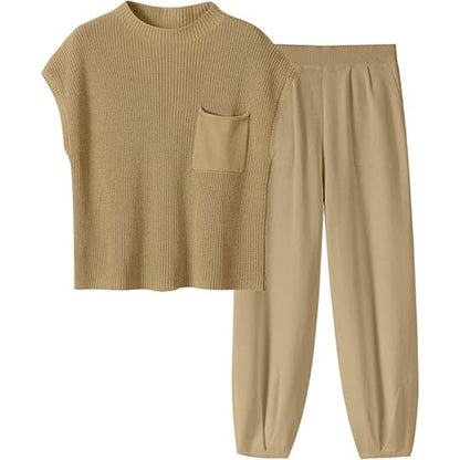 Two Piece Knit Sweater And Pants Set Khaki