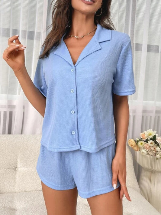 Waffle Knit Button Front Lounge Set