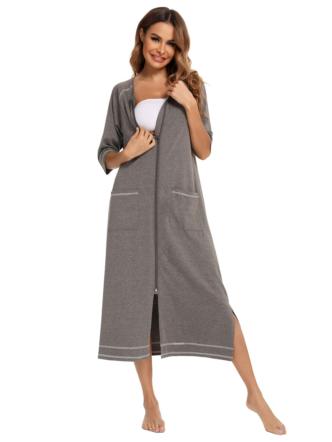 Zip Up Dress Coat Sleepwear Dark Gray