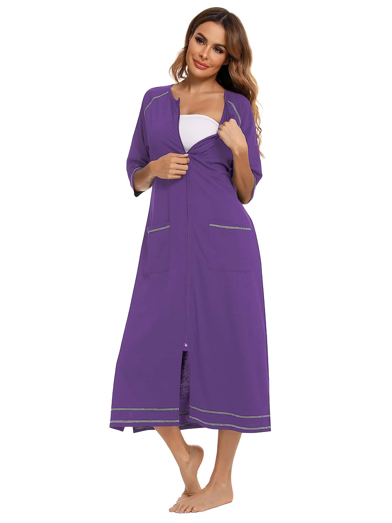 Zip Up Dress Coat Sleepwear Purple