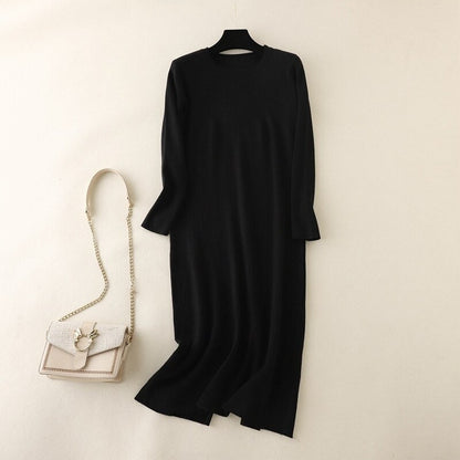 Elegant Knitted Warm Soft Long Sweater Dress Black One Size