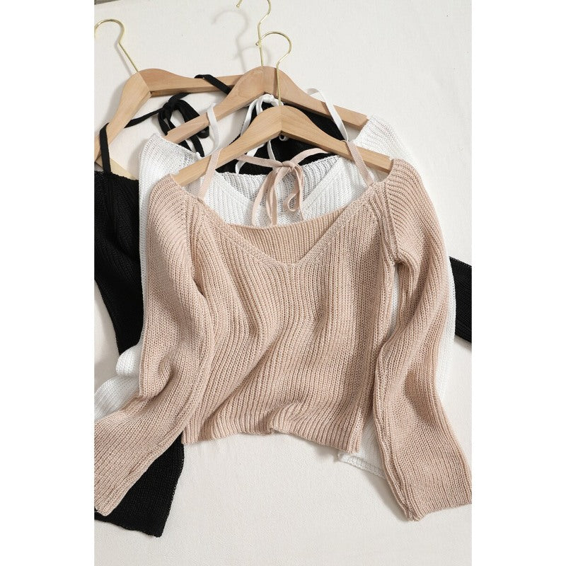 V-neck Long-Sleeved Knitted Crop T-Shirts For Women