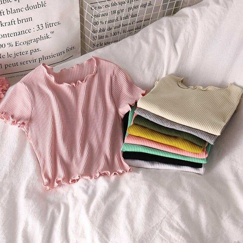 Korean Slim Curl Short Stripe T-Shirts For Women