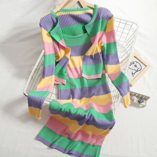 Striped Knitted Two-Piece Sets For Women Green One Size