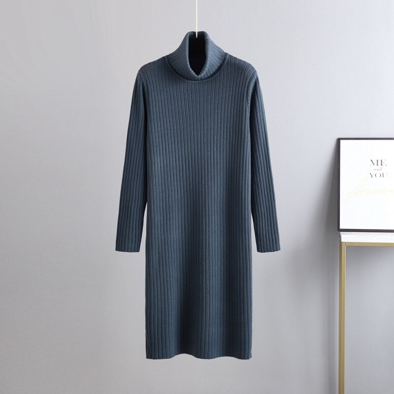 Warm Soft Thick Turtleneck Sweater Dress For Women Gray Blue One Size