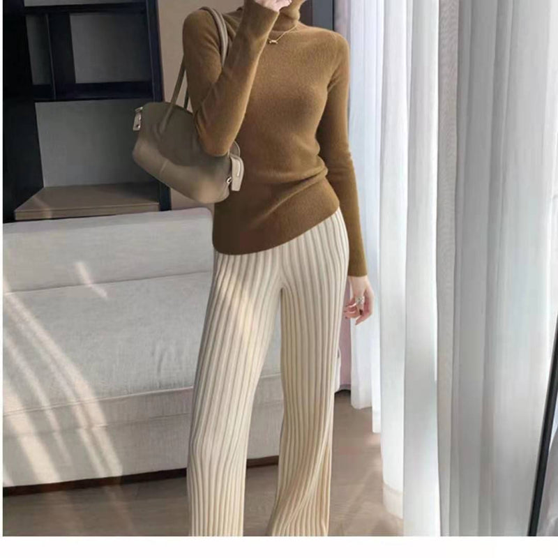 Knitted Wide-Leg High-Waist Pants Beige One Size