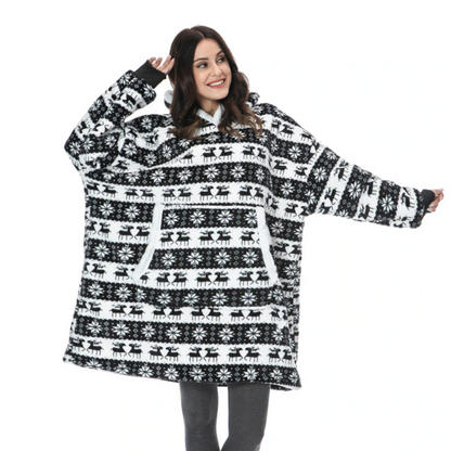 The Christmas Deer Print Oversized Blanket Hoodie Black