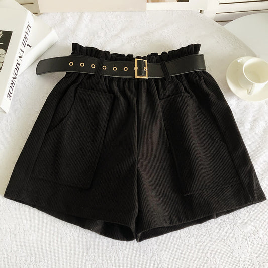 Women Corduroy Casual Straight Shorts With Belt Black One Size