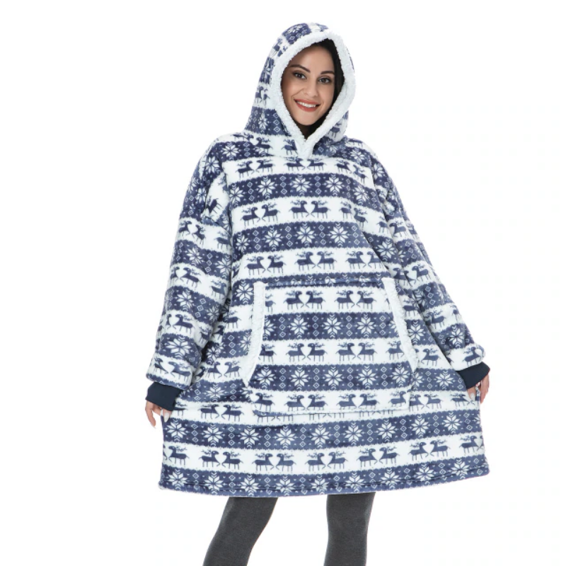 The Christmas Deer Print Oversized Blanket Hoodie Blue