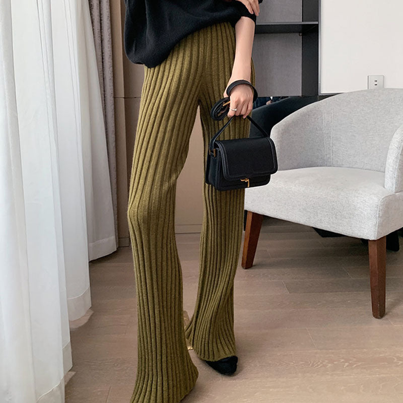 Knitted Wide-Leg High-Waist Pants Olive Green One Size